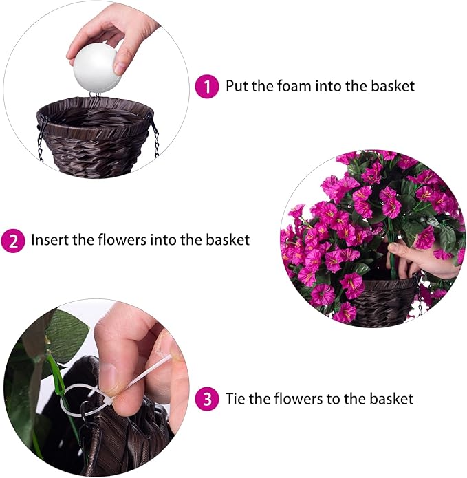 HyeFlora Artificial Fake Hanging Flowers Plants Baskets for Outdoor Outside Decoration, Faux Silk UV Resistant Realistic Fuchsia Morning Glory Planter for Home Porch Patio Balcony Garden Yard
