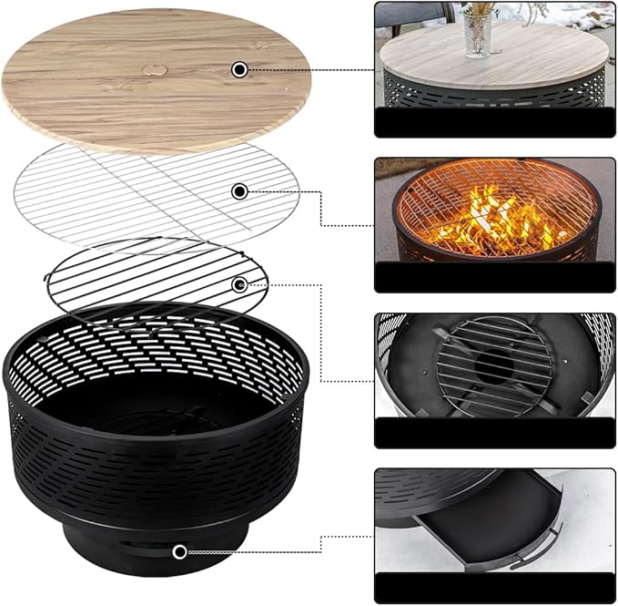 OutVue 26" Wood Burning Fire Pits with Grill & Lid, Fire Pit Table for Outside with Waterproof Cover & Fire Poker, Outdoor Firepit with Functions for BBQ,Table and Bonfire