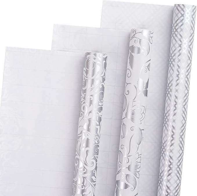 LeZakaa Silver Wrapping Paper Roll, Elegant Metallic Foil Gift Wrap with Floral and Plaid Pattern for Wedding, Anniversary, Birthday, Mothers Day, Bridal Shower, Christmas, 17 x 120 inches, Mini Roll