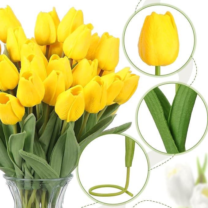Janinka 100pcs Artificial Tulip Flowers Fake PU Tulips Faux Latex Bouquet Flower Centerpieces Arrangement Floral for Mother Day Wedding Spring Decorations (Yellow)