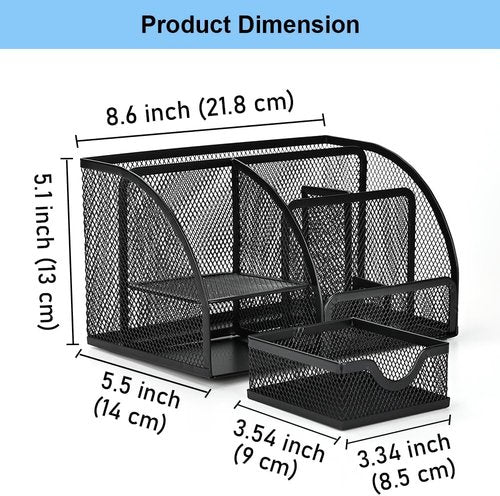 AUSTARK Desk Organizer - Wire Mesh Pencil Holder with 7 Compartments & Mini Drawer | Black
