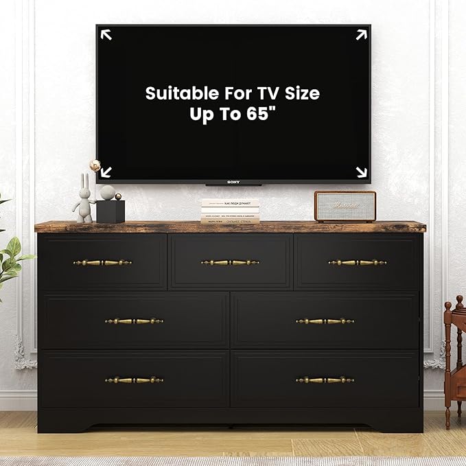 SIDUCAL Black Dresser for Bedroom, 7 Drawer Dresser with Vintage Handles, 59" Wide Wooden Vintage Dressers, TV Stand, Modern Dressers & Chests of Drawers for Hallyway, Entryway