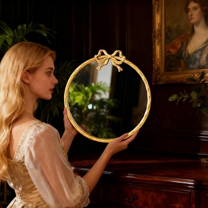 2026 Spring Women's Gifts 16 Inch Vintage Gold Round Wall Mirror, Antique Ornate Metal Circle Mirror with Baroque Bow Decor for Bathroom Vanity, Bedroom(Gold, 16" Lx16 W)