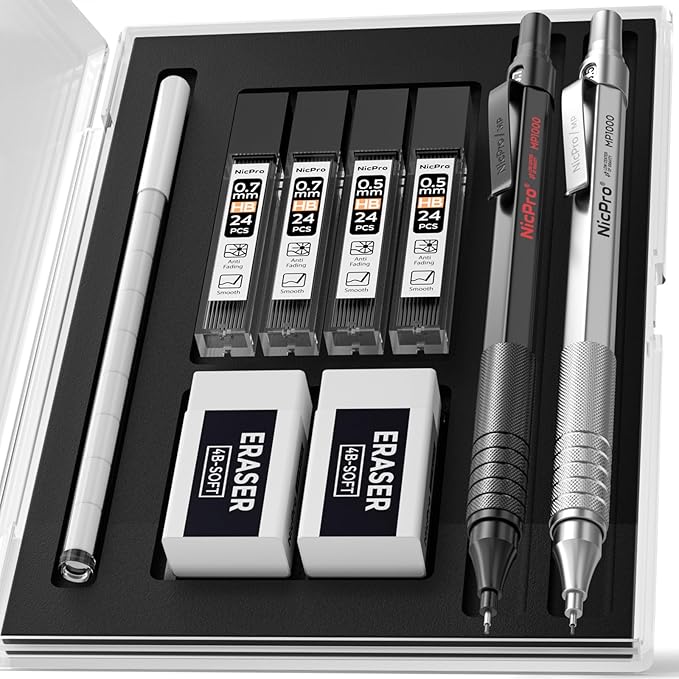 Nicpro 2 PCS Mechanical Pencils 0.5mm & 0.7 mm with Case, MP1000 Metal Artist Pencil Set with 4 Tubes HB Lead Refills, 2 Erasers, 9 Eraser Refills For Art Writing Drafting Drawing, Black & Silver