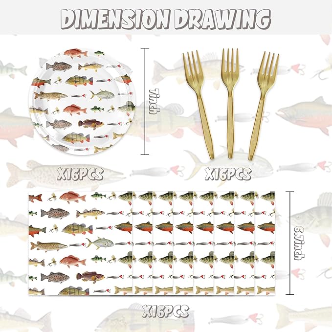 48Pcs GO Fishing Birthday Party Decorations Desserts Plates Napkins forks for 20 Guests Fishing Party Supplies for Kids