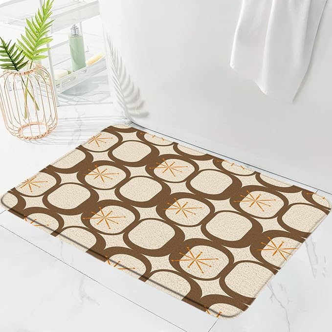 Mid Century Modern Bath Mat Abstract Atomic Geometric Retro 1950s Brown Bathroom Kitchen Toilet Rugs,18x30 Inch