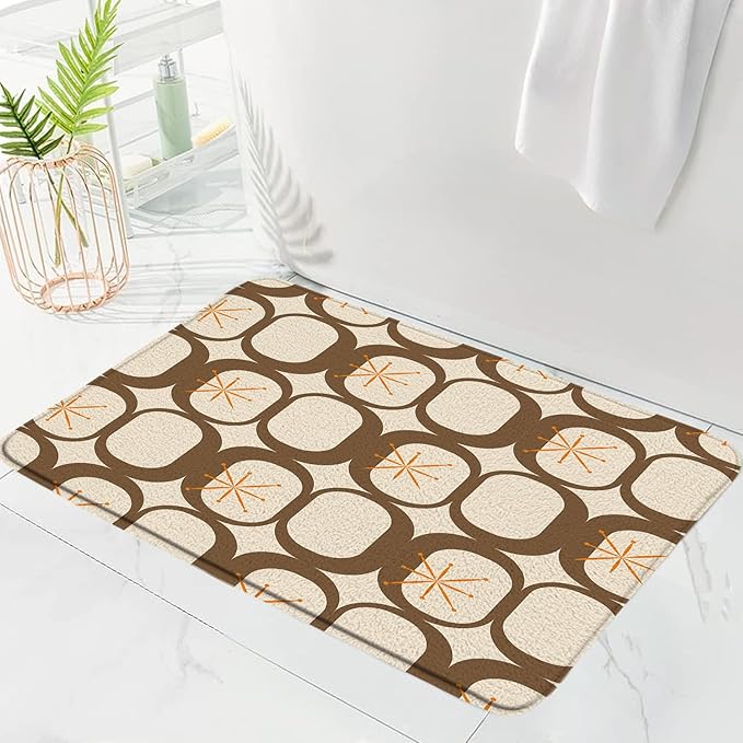 Mid Century Modern Bath Mat Abstract Atomic Geometric Retro 1950s Brown Bathroom Kitchen Toilet Rugs,24x36 Inch
