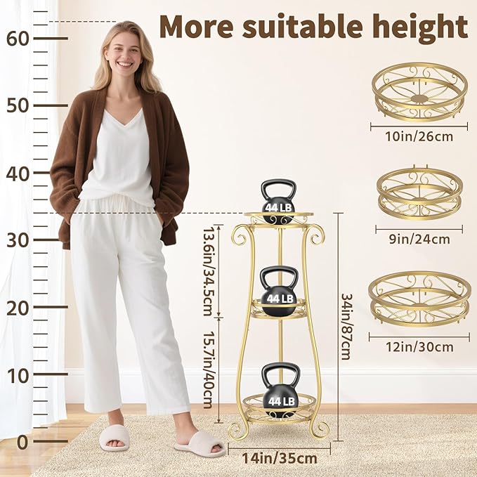 LASZOLA 3 Tier Gold Metal Plant Stand for Multiple Large Planters Indoor Outdoor Organizer, Heavy Duty Tall Flower Stand for Corner Patio Bathroom Office, Modern Sturdy Vertical Iron Rack, Cat Proof