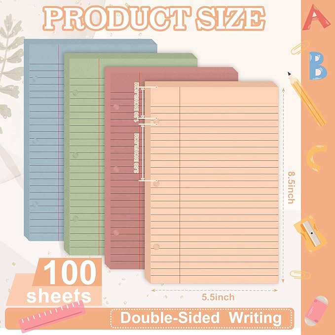 100 Sheets Half Letter Lined Paper 5.5 X 8.5 In Colored Notebook Paper College Ruled Loose Leaf Paper 3 Hole Punched Half Mini Binder Inserts Fit 3 Ring Binder for School Office