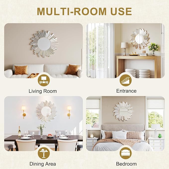 CozyDH Large Round Gold Sunburst Mirror - 26"x26" Starburst Mirror for Wall Decorative Glass Frame Boho Sun Mirrors Wall Art for Entryway Bedroom Living Room Hallway Bathroom Dining Room