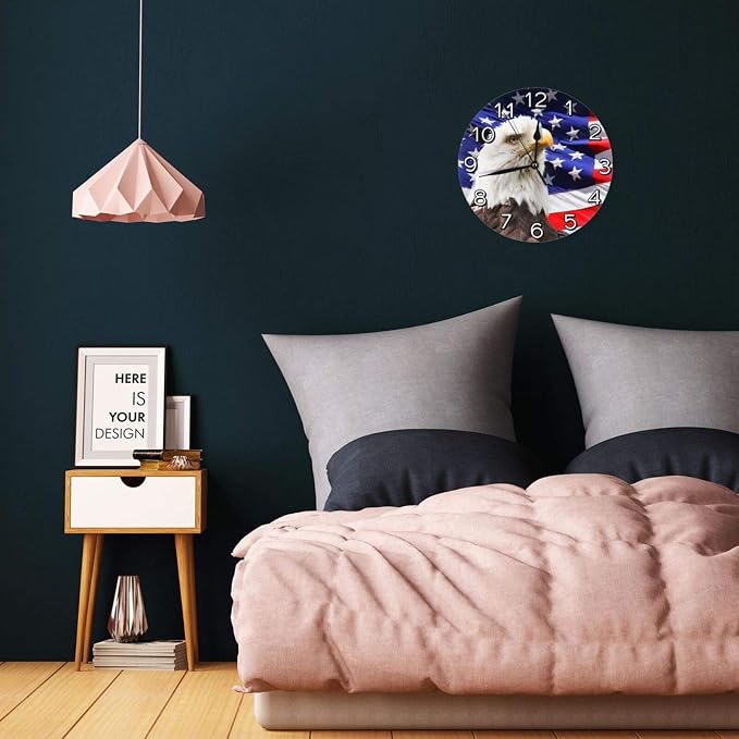 Bald Eagle Patriotic American Flag Wall Clock Battery Operated Silent Round Clock Wall Decor for Home, Office, School 9.8 Inch