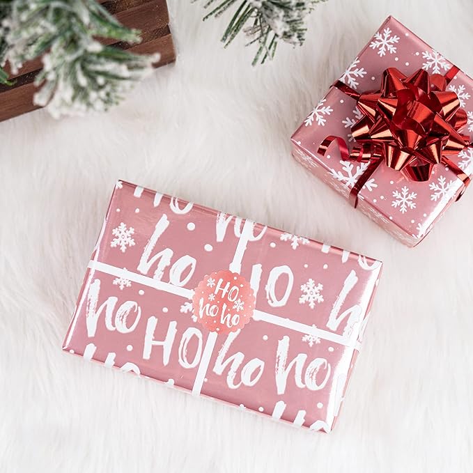 LeZakaa Christmas Wrapping Paper Bundle - Mini Roll with Bow, Ribbon, Sticker and Gift Tag - Pink Metallic Foil Design with Snowflakes/Santa Claus/HO Print -17 x 120 inches -3 Rolls(42.5 sq.ft.ttl.)