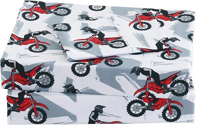 Viviland 4 Pieces Boys Grey Full Sheet Set - Soft Microfiber Fitted Flat Sheets & Pillowcase - Red Motorcycle Print Bedding Sets - for Kids & Toddlers