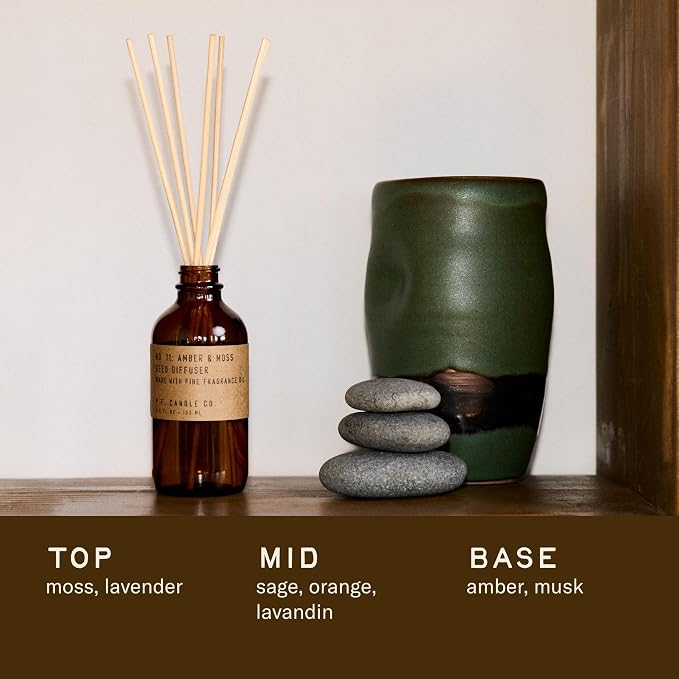 P.F. Candle Co. Amber & Moss Classic Scented Rattan Reed Diffuser (3.5 fl oz) Amber Glass Jar, Fine Fragrance Oil, Flame-Free Fragrance, Made in The U.S.A.