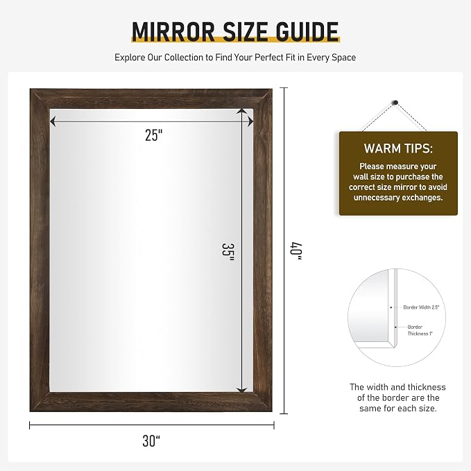 CULER Rustic Wood Wall Mirror for Bathroom,Rectangle 30 x 40 inch Hanging Vanity Mirrors with Wooden Frame for Living Room,Bedroom,Entryway (30x40 inch, Vintage Light Brown)