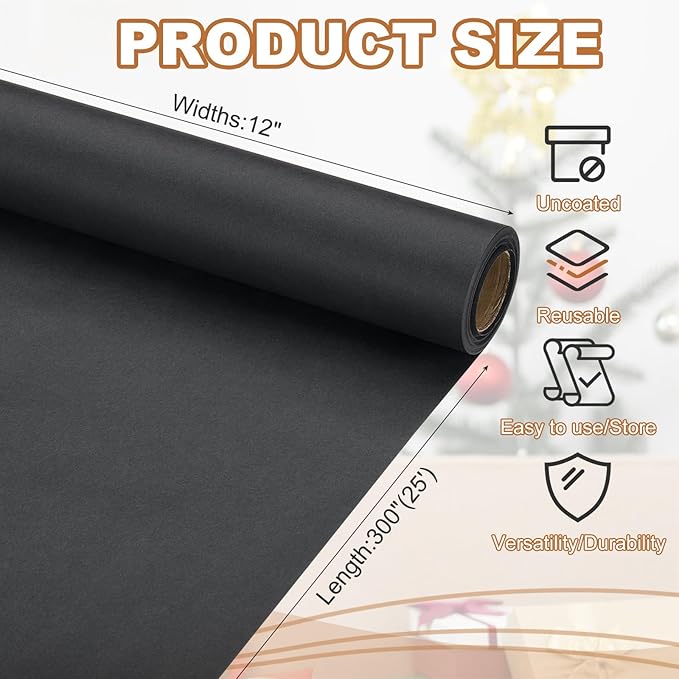 PATIKIL Wrapping Paper, 12" x 300"(25') 70 GSM Craft Paper Roll Kraft Packing Paper for Poster Bulletin Board, Gift Wrapping, Black