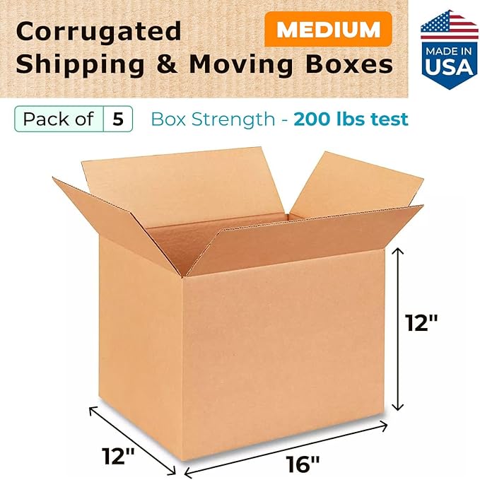 Medium Shipping & Moving Boxes 16 x 12 x 12 inches (5-Pack) - Extra Strength 200 lb vs Regular - Corrugated Boxes for Packaging Moving and Delivering - Box to Pack - Carton Box by IDL Packaging