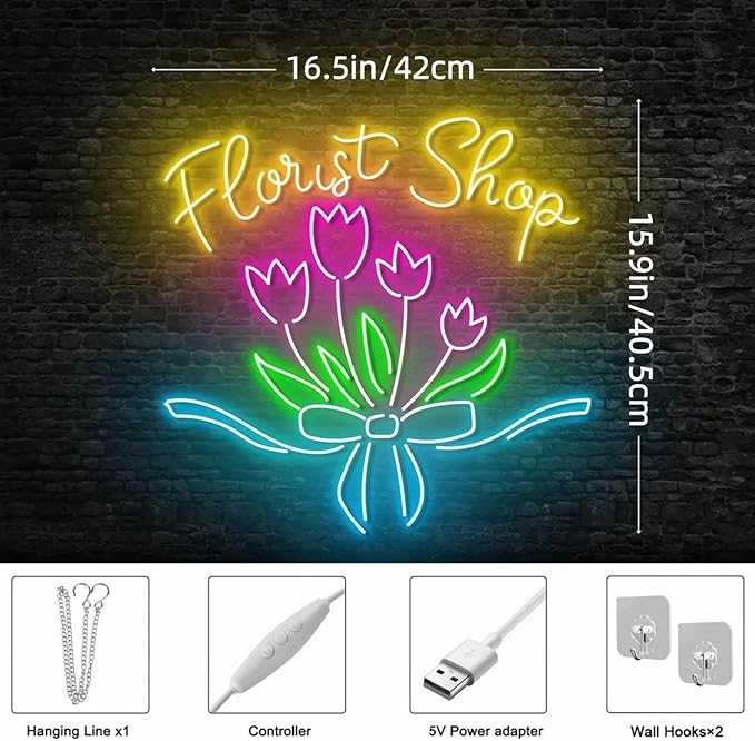 Florist Shop Neon Sign - Dimmable, Customizable Colors, Ideal Flower Neon Sign & Neon Signs for Wall Decor, Perfect for Romantic Bedrooms, Floral Studios, Flower Enthusiasts' Spaces, Great Gift for Floral & Romantic Style Lovers