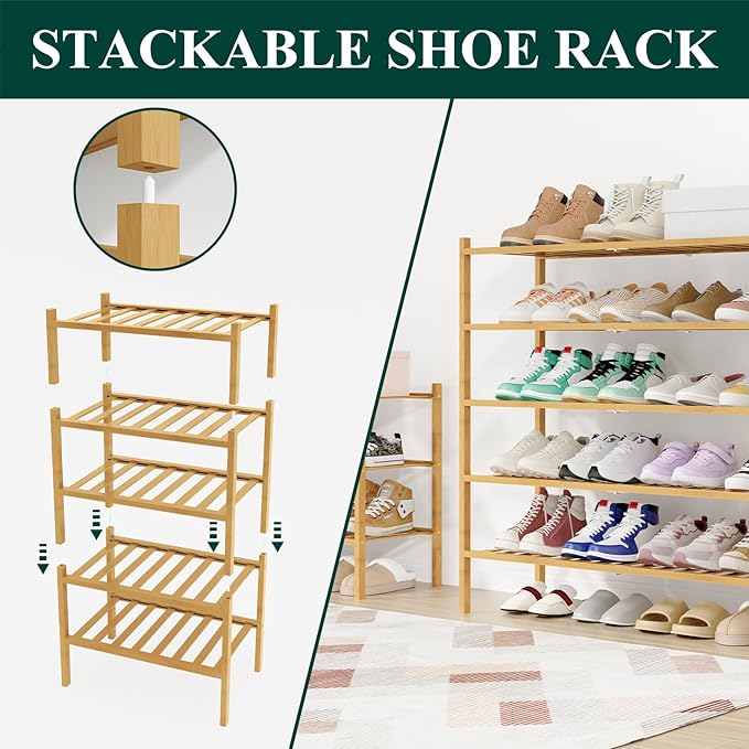 Smiry Shoe Rack, 4 Tier Long Bamboo Shoe Organizer, Stackable Free Standing Wooden Shoe Storage Shelf for Closet, Entryway, Front Door Entrance, Natural