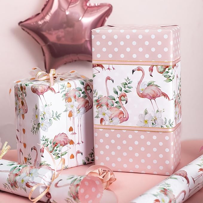 Burymento Reversible Pink Flamingo Plumeria Wrapping Paper Roll - Pink and white polka dot design on the other side, suitable for Valentine's Day, Birthday, Mother's Day, Wedding, Baby Shower
