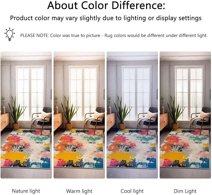 9x12 Colorful Area Rug Modern Abstract Beige Orange Yellow Pink Blue Black White Grey Rug Bedroom Low Pile Thin Large Carpet Living Room Non Slip Dining Room Stain Resistant Office Washable Machine
