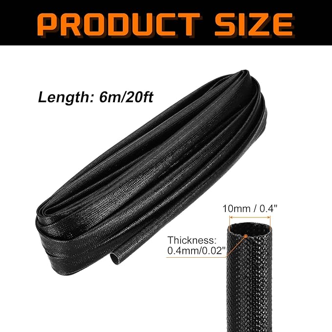 MECCANIXITY 20ft Braided Cable Sleeve, 0.4" ID 200C High Temperature 1500V Fiberglass Wire Insulation Cord Protector Organizer Wires Management for Motor Engine Fuel Line, Black