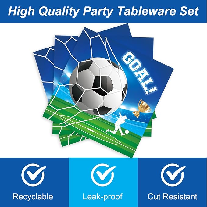 Generic 48Pcs Blue and Green Soccer Party Decorations: Plates, Napkins, Forks for 20 Guests - Soccer Birthday Party Decorations