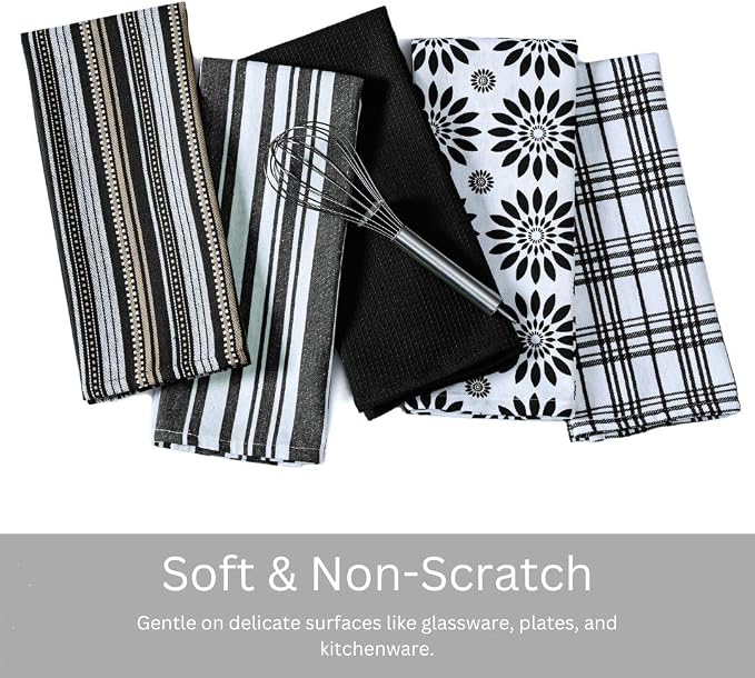 WeWove Assorted Kitchen Towels Set of 5-100% Cotton Dish Cloths Towels with Hanging Loop - Soft Absorbent Washable Reusable for Kitchen Use - Quick Drying 16x26 inch Dish Towels Black