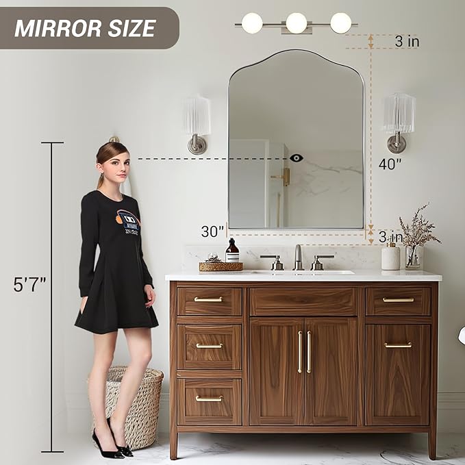 ANDY STAR Scalloped Arched Mirror, 30x40 Brushed Nickel Irregular Bathroom Mirror for Vanity, Asymmetrical Curved Top with Rustproof Stainless Steel Frame, for Entryway, Bedroom, Mantel, Fireplace
