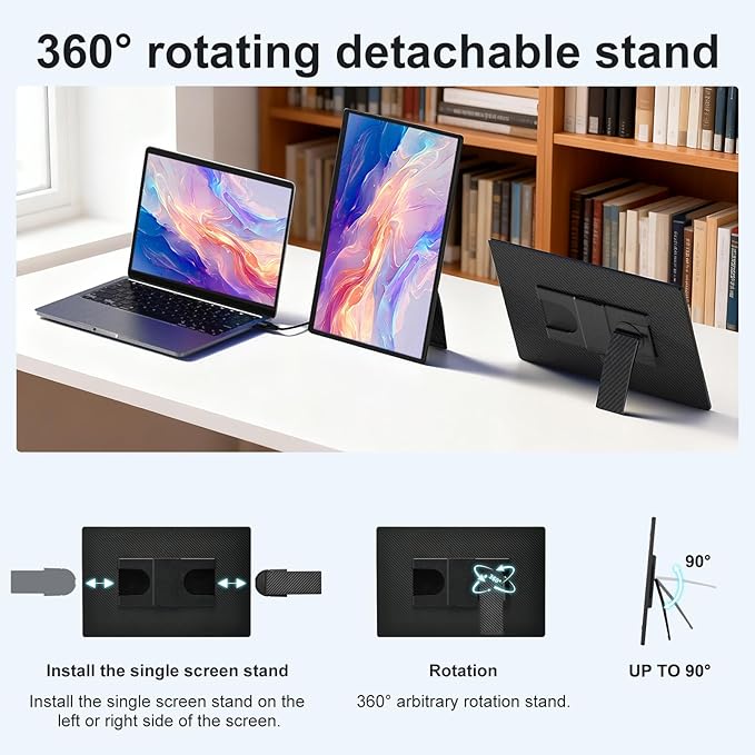 Portable Monitor 16" 1200P FHD Laptop Screen Extender, Horizontal Vertical Monitors with Detachable Kickstand, Built-in Speakers, Plug & Play Computer Gaming Travel Monitor for Wins Mac Chrome Phone
