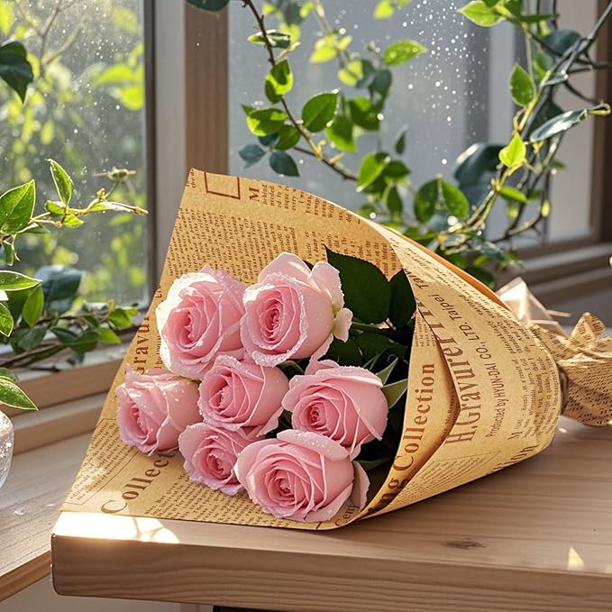 WRAPAHOLIC 20 Sheets Kraft Flower Wrapping Paper - 19.6 x 27.5 inch Retro Coffee Lettering Floral Bouquet Wrapping, Florist Supplies Packaging Paper for Wedding Birthday Gift DIY