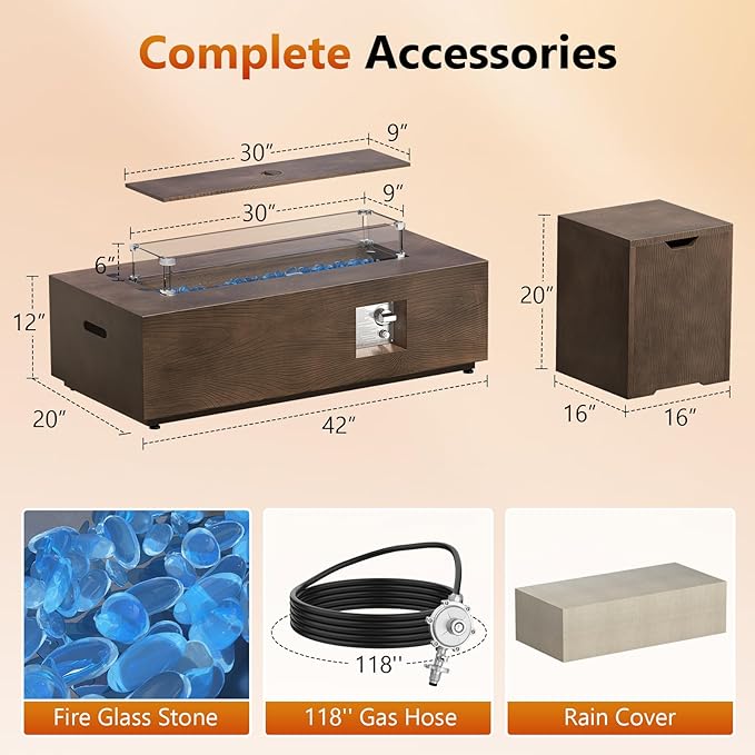 2-Piece 42" Rectangular Propane Fire Pit for Outside Patio with Hidden Tank Table, 50,000 BTU Fireplaces with Glass Wind Guard, Lid, Glass Rocks, Cover(Walnut Wood Grain)