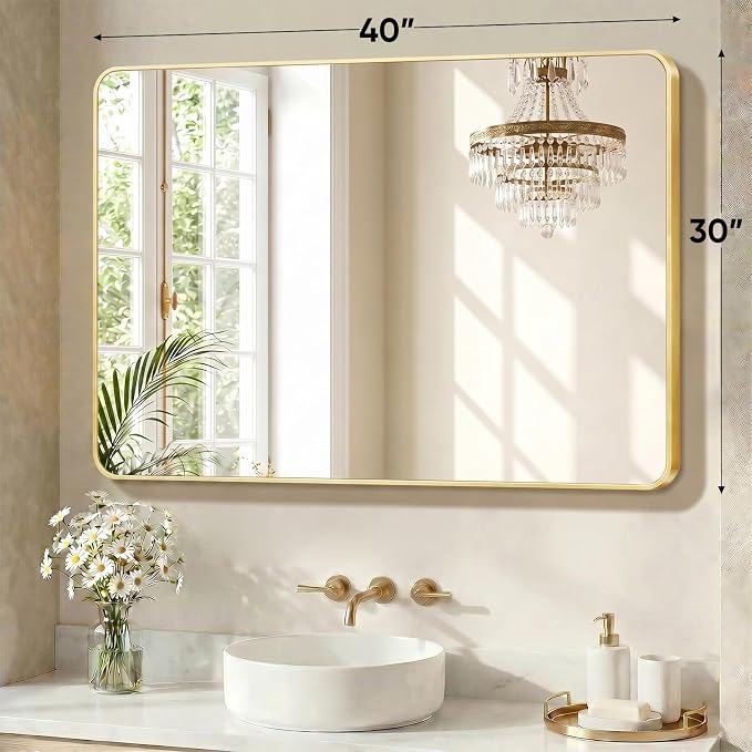 Sweetcrispy Bathroom Mirror for Over Sink, 30x40 Inch Wall Mount Mirror with a Rounded Rectangle and Matte Metal Frame, Modern Wall Vanity Mirror for Home Decor, Living Room, Bedroom, Gold