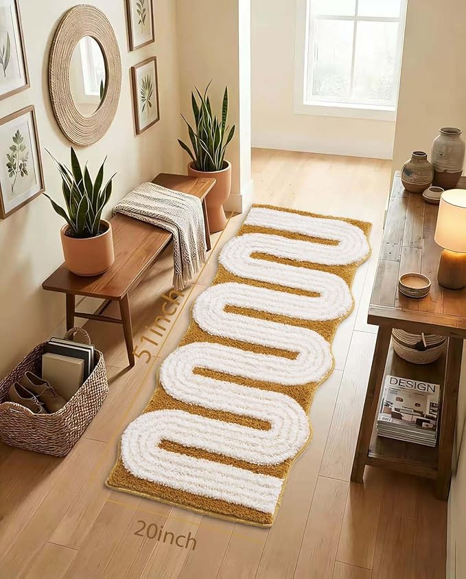 Geometric Design Boho Runner Bathroom Rugs, Long Scalloped Cute Bath Mat Non Slip for Bedroom Kitchen Hallway Laundry Room, Funky Retro Farmhouse Bath Rug Washable, Mustard Yellow, 51"x20"