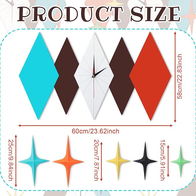 Thyle 25 inch Mid Century Modern Wall Clock Decor with 5 Pcs Retro 3D Star Art Wall Sculpture Starburst Clock Art Vintage Home Decor Accent for Living Room Bedroom Office (Geometric)