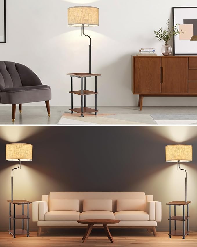 ELYONA Rubber Wood Floor Lamp with Table, Rustic End Table Lamp with USB & Type C Charging Port & Outlet, 3-Tier Shelf Nightstand Tall Standing Lamp for Living Room, Bedroom, Office, LED Bulb Included