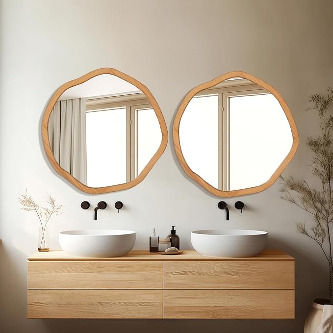 ULIKE Round Wood Mirror, 30 Inch Irregular Circle Vanity Wall Mirror with Wooden Frame, Rustic Decorative Wall Mount for Bathroom Bedroom Living Room Entryway, Natural