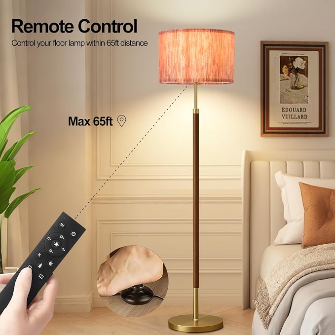 Wood Floor Lamp with 3 Color Temperatures,Vintage Floor Lamp with Remote Control,Dimmable Farmhouse Floor Lamp Mid Century Modern Standing Lamp Farmhouse Tall Pole Lamp for Living Room Bedroom