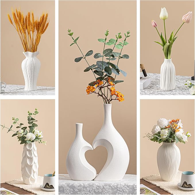 Woodgrain Sculptural Vase - White Matte Ceramic with Vertical Texture, 7.2" Unique Flower Vase for Pampas Grass/Centerpieces, Decorative Farmhouse Vase for Living Room/Office,Ideal Gift for Minimalist