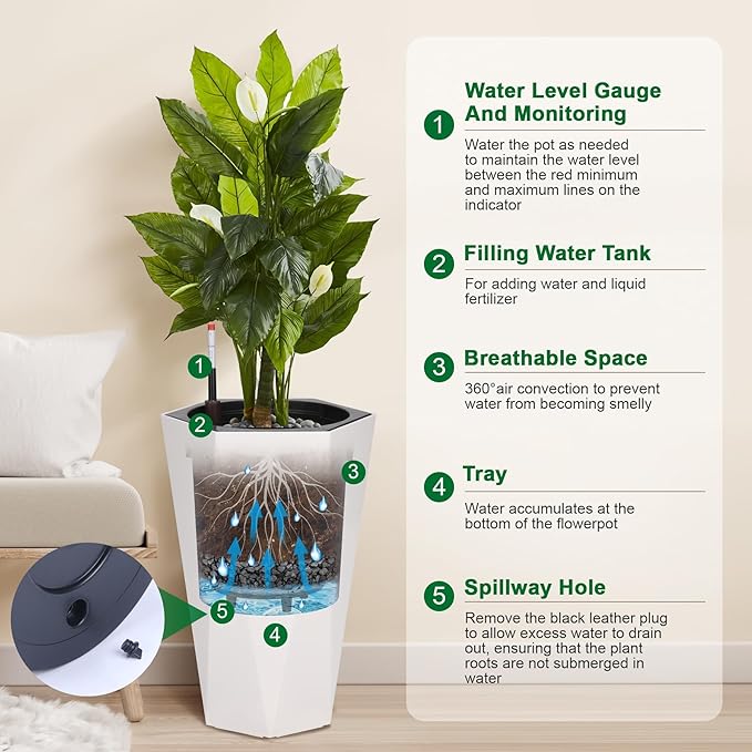 22.4 Inch Tall Planters for Outdoor Indoor Plants Set of 2, Tapered Large Flower Pots with 2 Trays and a Water Level Monitor with Wheels Planter Pots, Plant Pot for Patio, Balcony, Lounge