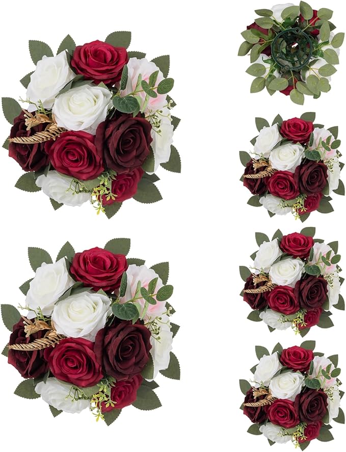 BLOSMON Artificial Flowers Ball Wedding Centerpieces 6 Pcs Burgundy Rose Artificial Flower Center Pieces Decoration for Table Silk Kissing Ball Faux Floral Bouquet Arrangements Home Party DIY Decor