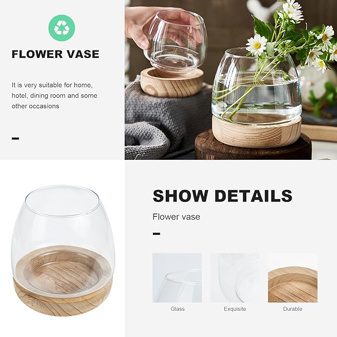 FAVOMOTO Hydroponic Flower Vase with Wooden Base Transparent Glass Micro Landscape Bottle for Desktop Decoration Premium Glass and Wood Material for Home Office Study Plant Display