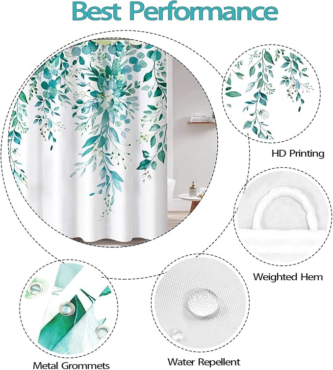 Long Teal Eucalyptus Shower Curtain Watercolor Floral Plant Leaf Shower Curtains for Bathroom Botanical Flower Waterproof Fabric Bath Curtain Decor with Hooks (Teal, 72'' x 78'')