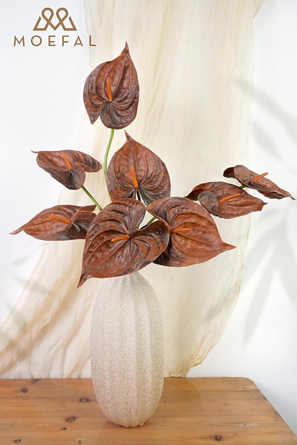 Real Touch Anthurium Artificial Flowers, 8pcs Brown Faux Tropical Flowers with Stems for Boho Wedding Bouquets, Rust Fall Centerpieces & Jungle Party Decoration