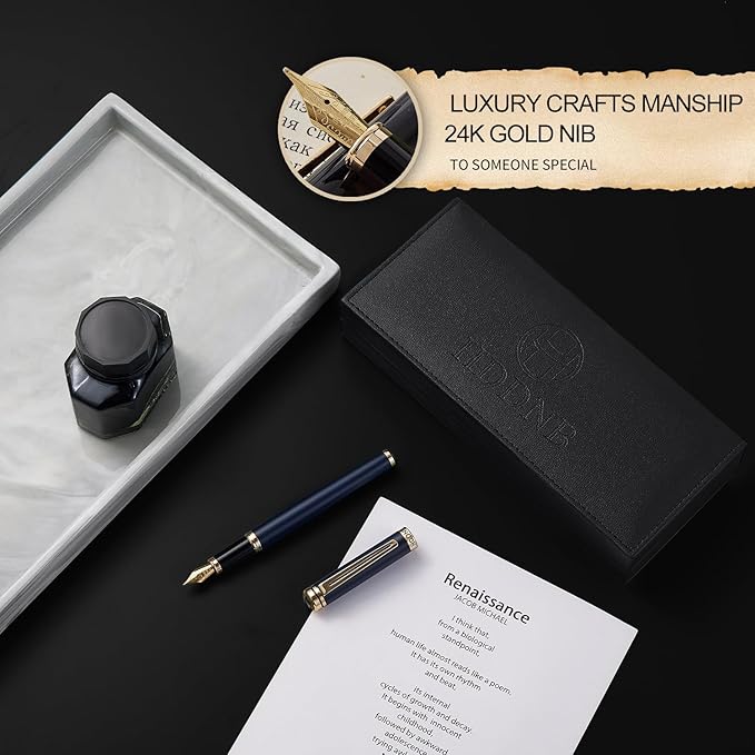 HDDNB Blue Luxury Fountain Pen Set for Men and Women with Gift Box, 24K Gold Finish and Gilded Nib(Extra Fine) with 5 Black Ink Cartridges and Converter