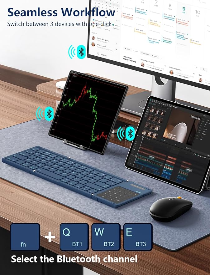 Nillkin Foldable Bluetooth Keyboard with Touchpad & Number Pad, Portable Bluetooth Keyboard with Full Size Keys, Pocket-Sized Wireless Travel Keyboards for iPad, Smartphone, Tablet and Laptop Blue