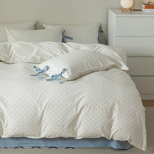 HighBuy Blue Flowers Comforter Set Queen Girl Grid Floral Garden Botanical Comforter Set Queen Boho Coquette Bedding Comforter Sets with 2 Bowknot Bow Tie Pillowcases Soft Fluffy