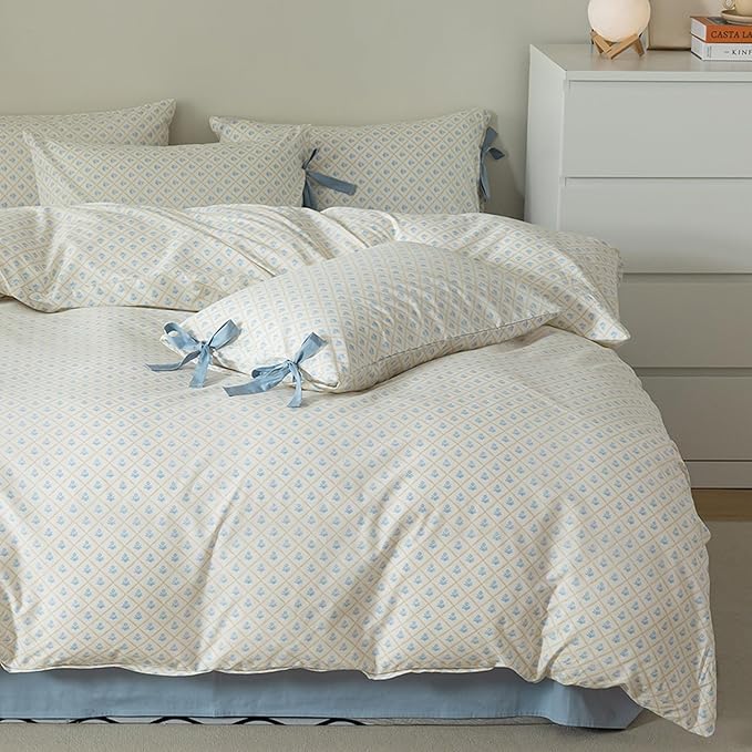 HighBuy Luxury Soft Comforter Set King Size 3 Piece Blue Floral Comforter Set Fluffy All Season with 2 Bowknot Bow Tie Pillowcases Coquette Bedding Comforters Bed Set for Women Men,Easy Care