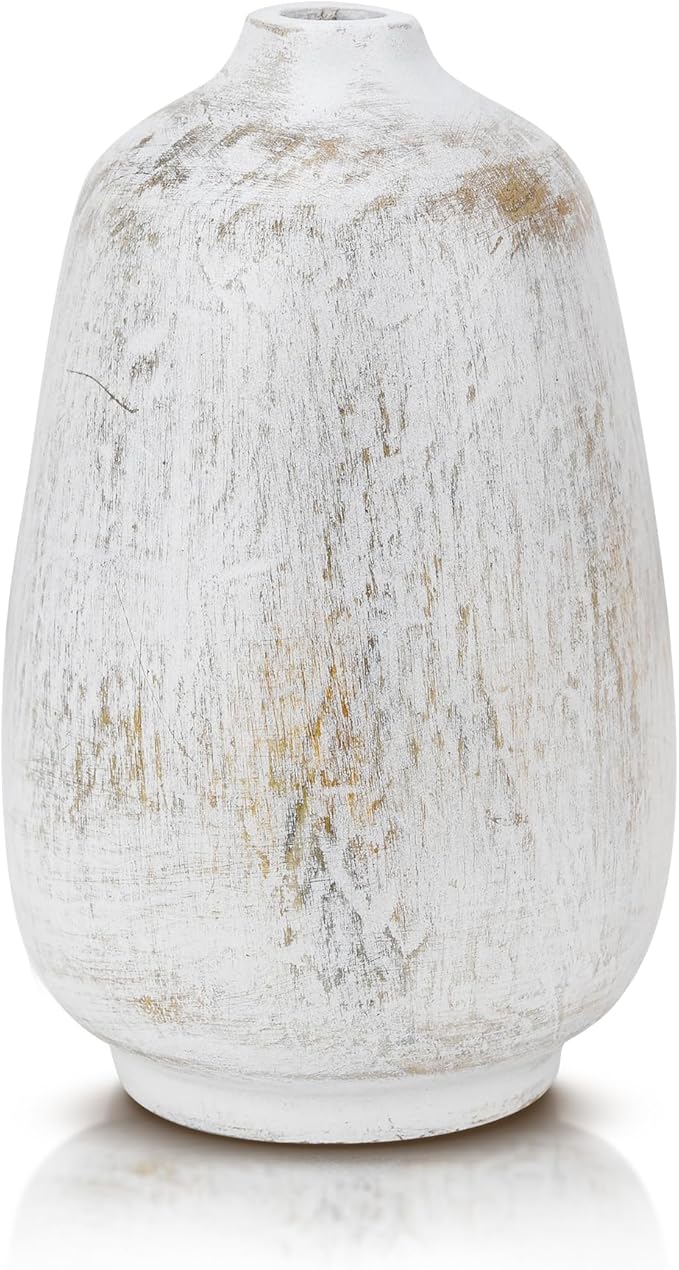 AeraVida Rustic Oval White Mango Wood Flower 6" Vase | Handmade Minimalist Table Decor | Natural Wooden Bottle Vase for Dried & Artificial Flowers | Boho Chic Home Office Kitchen Wedding Decoration