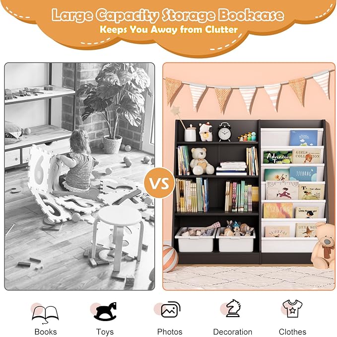 Black Kids Bookshelf Wood Toy Storage Organizer Cabinet Children Bookcase Toddler Baby Sling Book Rack Adjustable Shelf for Playroom Bedroom Nursery Hallway School Kindergarten